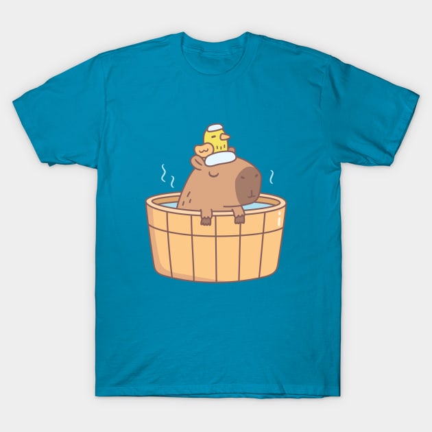 Cute Capybara and Bird Relaxing in Hot Bath Spa Soak T-Shirt by rustydoodle